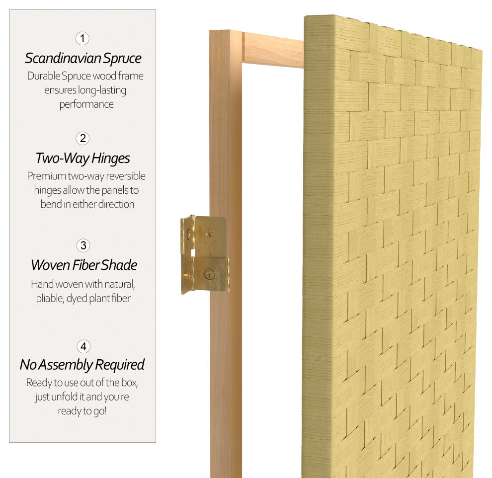 6' Tall Woven Fiber Room Divider, 4 Panel, Dark Beige