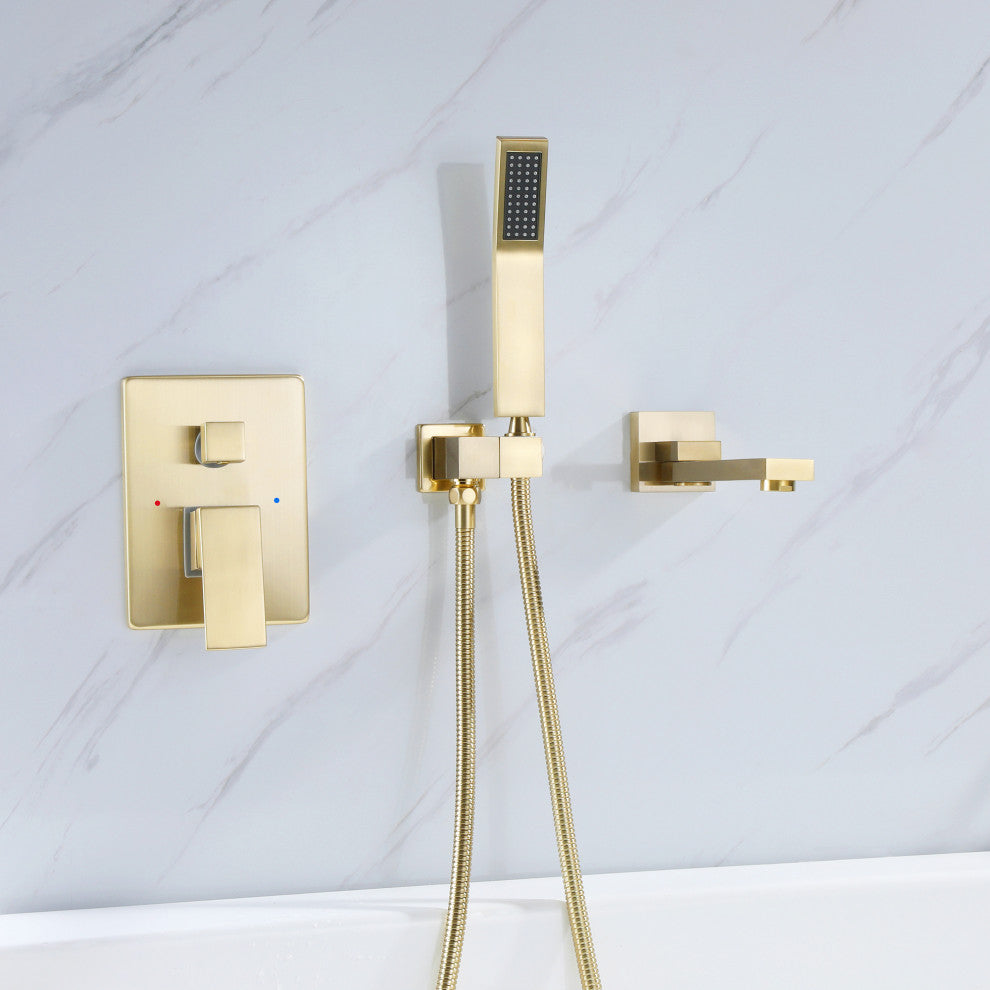 Wall Mounted Double Handle Roman Tub Faucet with Hand Shower, Brushed Gold