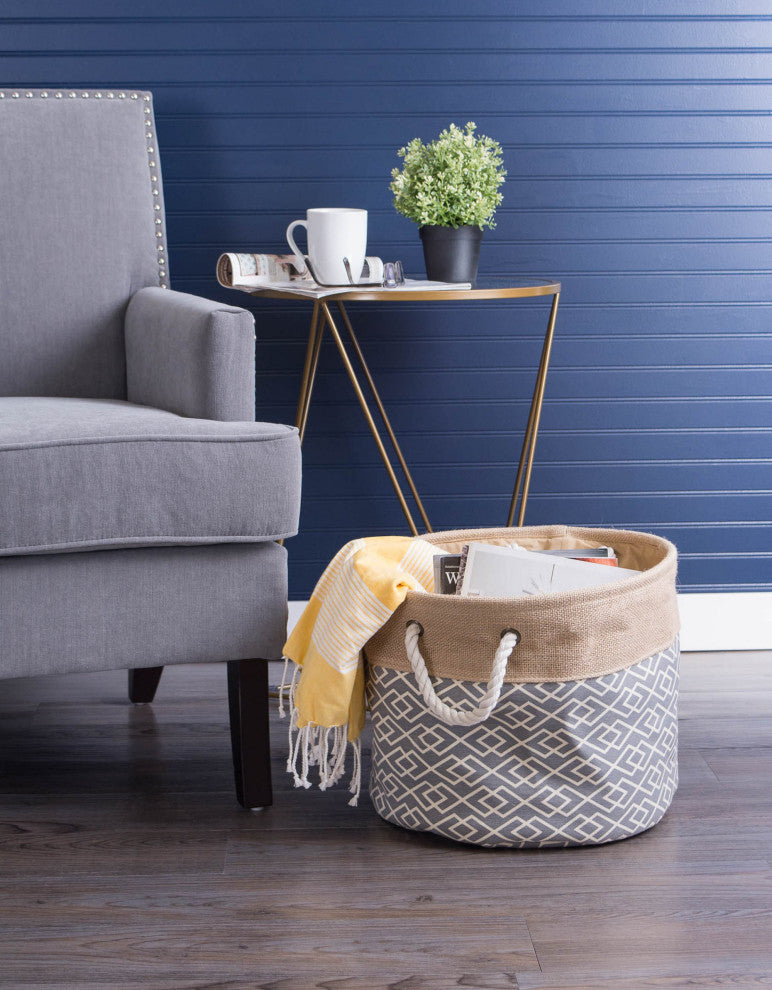 Burlap Bin Diamond Gray Round Small 9"x12"x12"