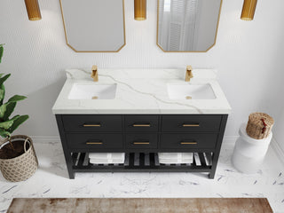Parker 60" Double Sink Bath Vanity, Black 2" Calacatta Laza