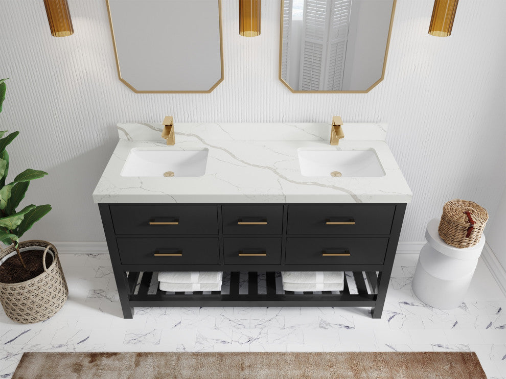 Parker 60" Double Sink Bath Vanity, Black 2" Calacatta Laza