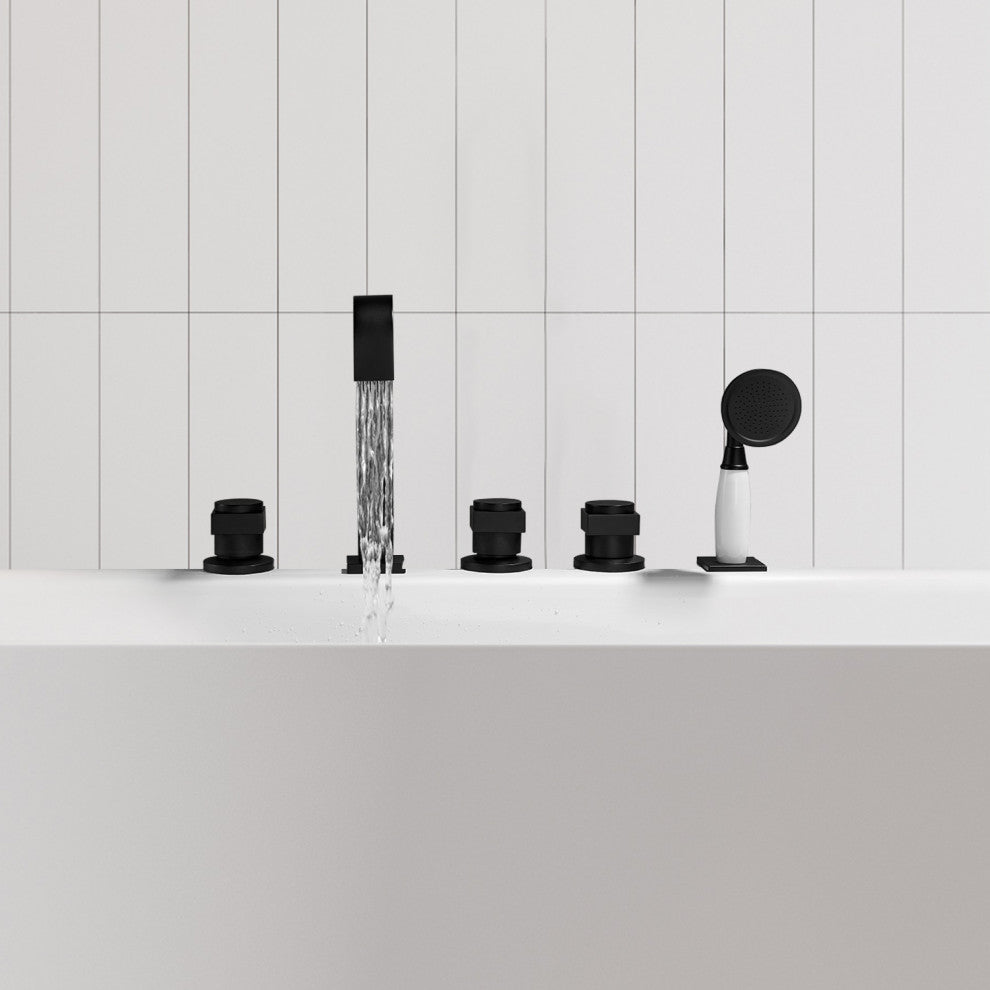 Vikran Triple Handle Deck-Mount Roman Tub Faucet Trim With Handshower, Matte Black