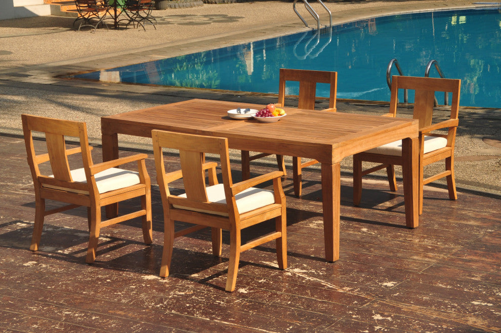 5-Piece Outdoor Teak Dining Set: 122" Extn Rectangle Table, 4 Osbo Arm Chairs