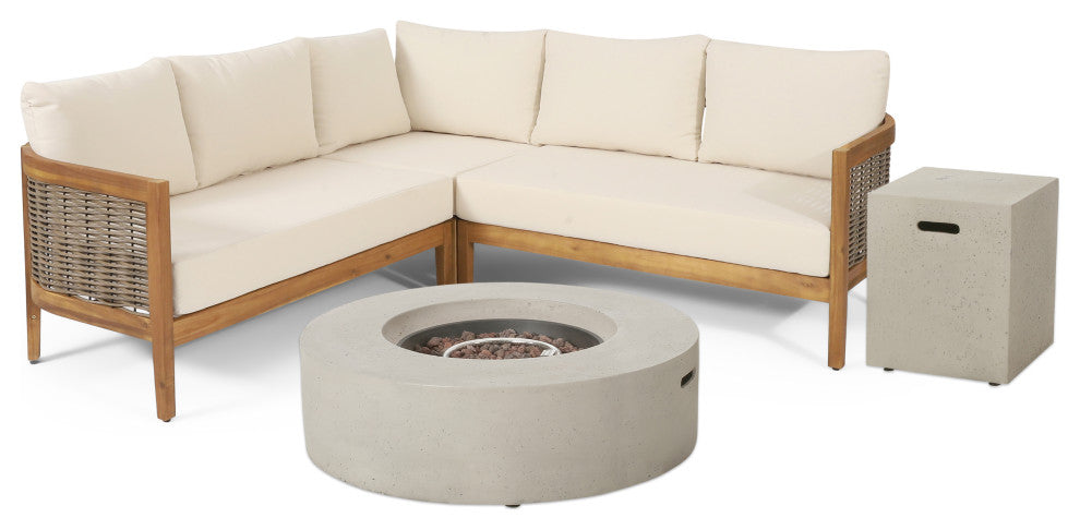 The Crowne Outdoor Acacia Wood and Round Wicker 5 Seater Sectional Sofa Chat Set, Teak/Mixed Brown/Beige/Light Gray