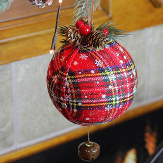 7.5" Red Plaid Christmas Ball Ornament With Rustic Bell