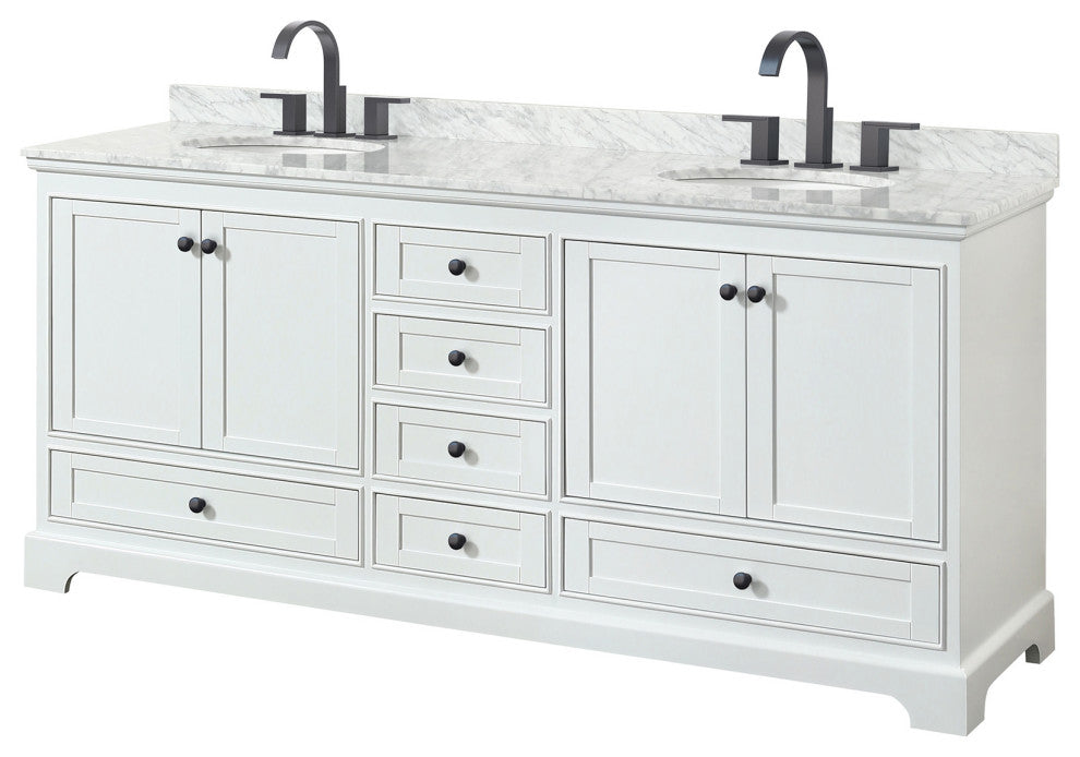 80" Double Bath Vanity, White, White Carrara Countertop, Sinks, Gold Trim