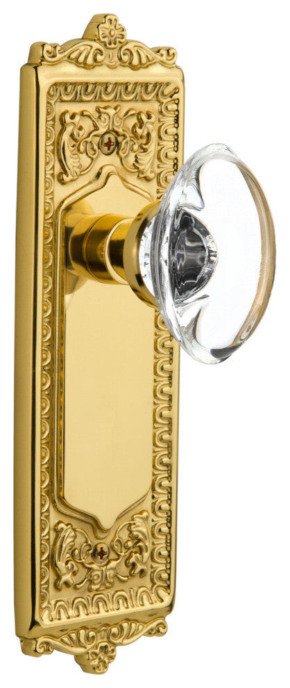 Double Egg & Dart Plate With Oval Clear Crystal Knob, Polished Brass