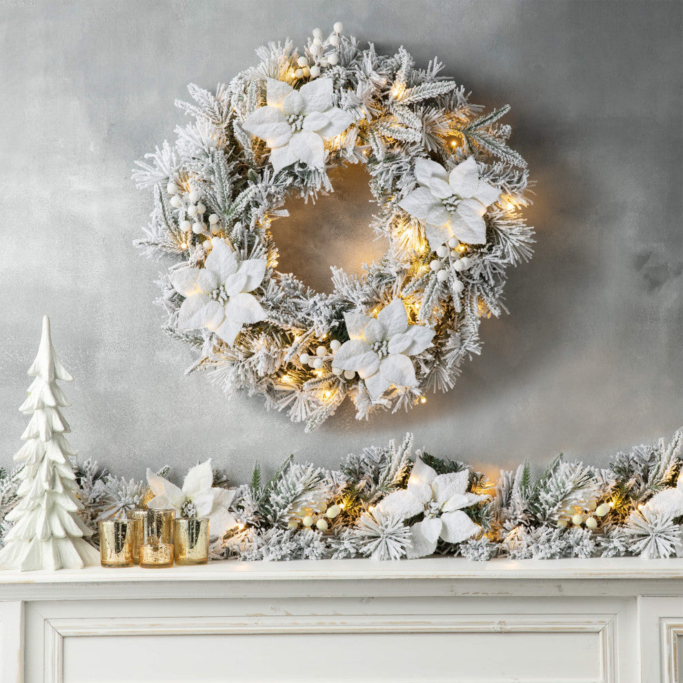 24"D Pre-Lit Snow Flocked Pine Poinsettia Christmas Wreath with 50 Lights