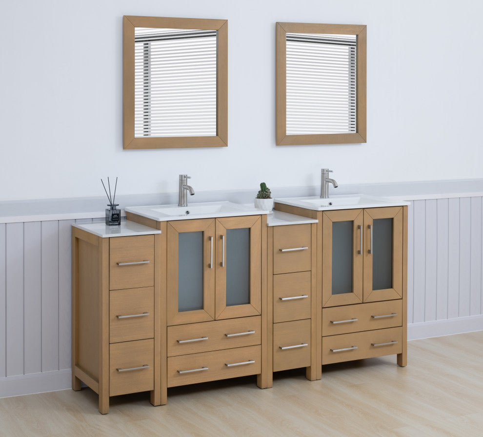 Vanity Art Vanity Set With Ceramic Top, 72", Natural Oak