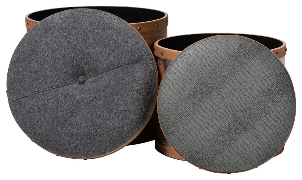 Grey Fabric and Blue Alligator Faux Leather Upholstered 2-Piece Storage Ottoman