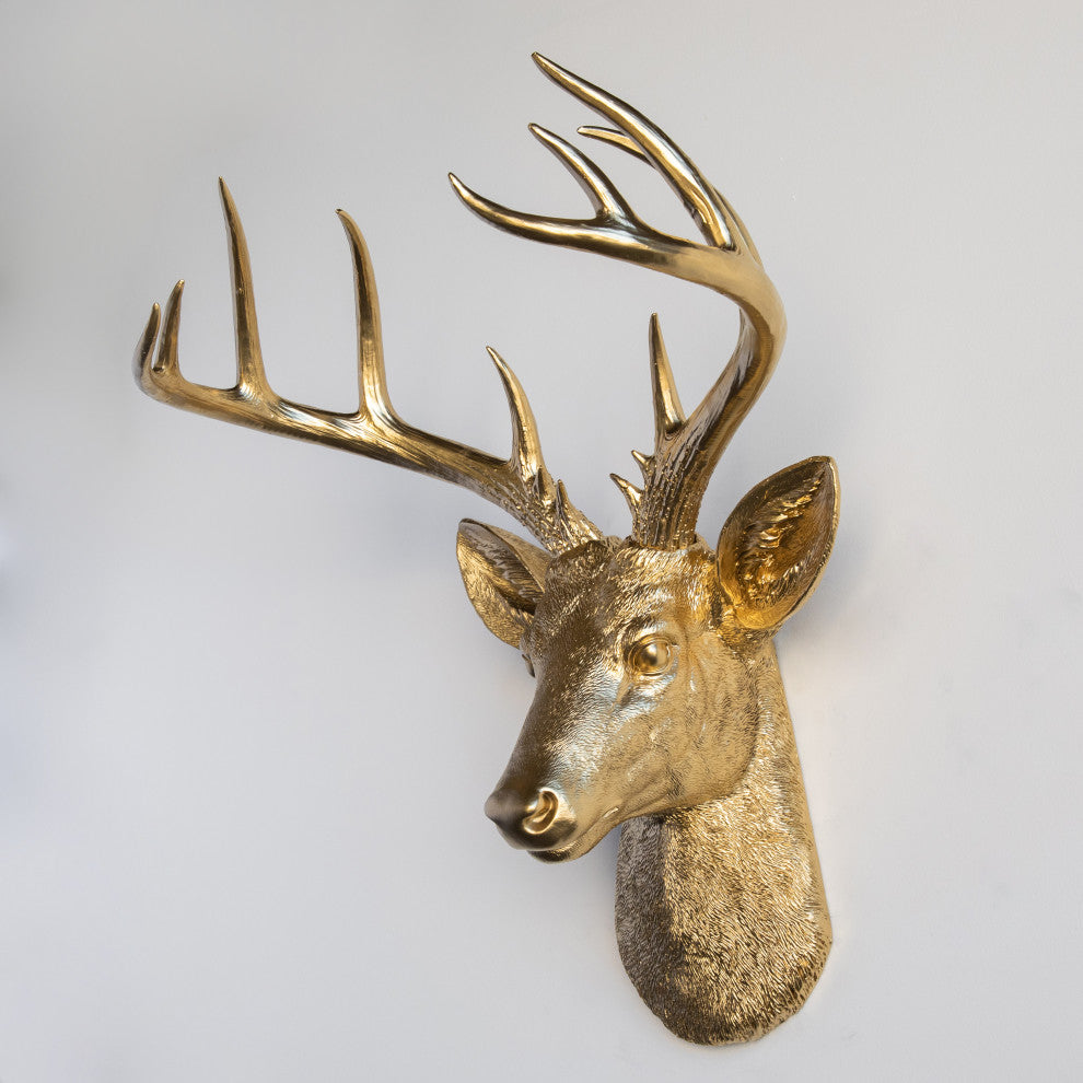 Faux Deer Head Wall Mount - 14 Point Stag Head Antlers, Gold