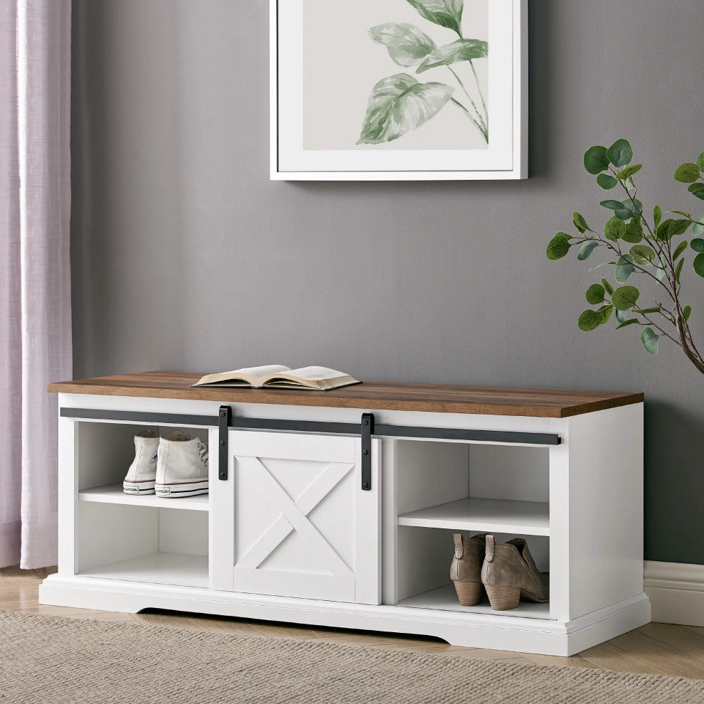 Farmhouse Storage Bench, Sliding Door With X-Front & 2 Adjustable Shelves, White