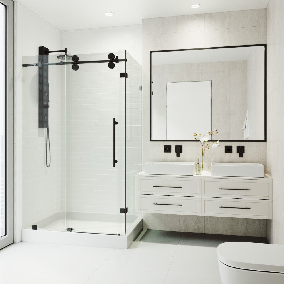 VIGO Winslow Frameless Sliding Shower Enclosure, Matte Black, 36" D X 48" W X 80" H, Left Drain Base