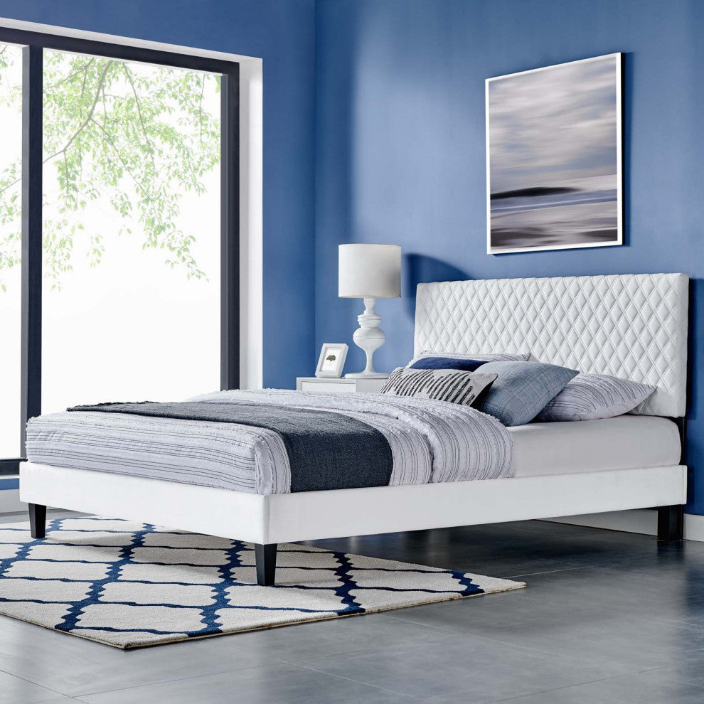 Platform Bed Frame, King Size, White, Velvet, Modern, Bedroom Guest Suite