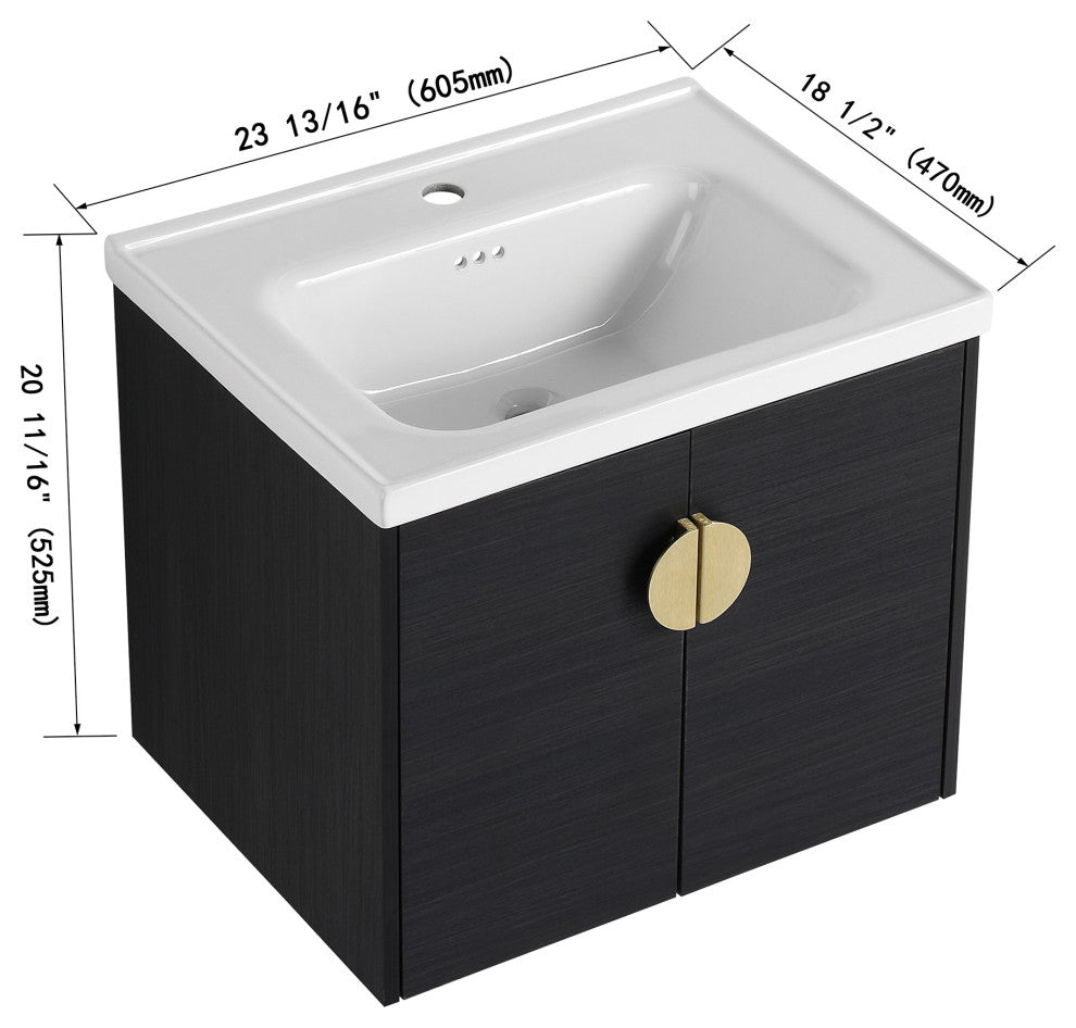 24" Plywood Wall Mounted Bath Vanity Set, Black, Ceramic Basin