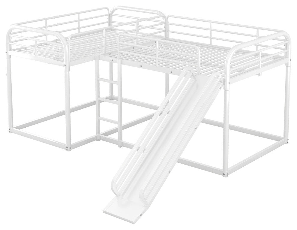 Gewnee Full and Twin Size L-Shaped Bunk Bed with Slide and Short Ladder in White