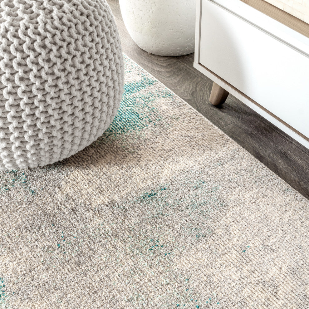 Contemporary POP Modern Abstract Vintage Area Rug, Cream/Blue, 7'10" Square