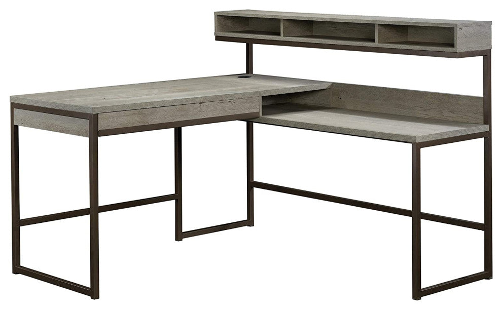 L-Shaped Desk, Metal Frame and Integrated Hutch With 3 Open Cubbies, M