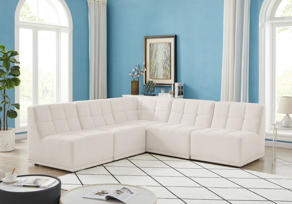 Relax Velvet Upholstered 5-Piece L-Shaped Modular Sectional, Cream