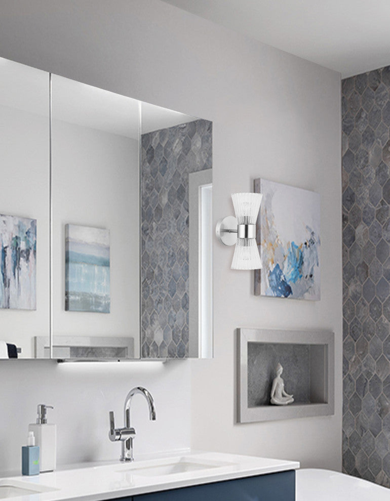 Vienna 2-Light Vanity, Polished Chrome, Clear Ribbed Glass