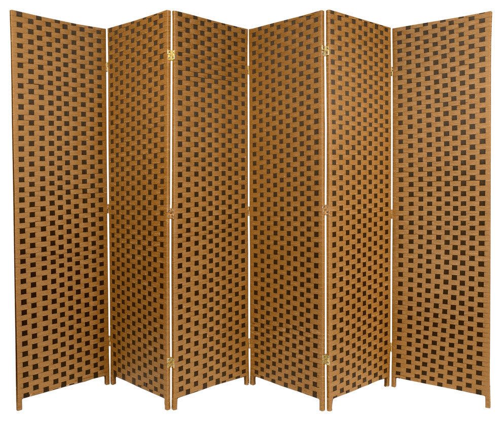 6'' Tall Woven Fiber Room Divider, Two Tone Brown, 6 Panel