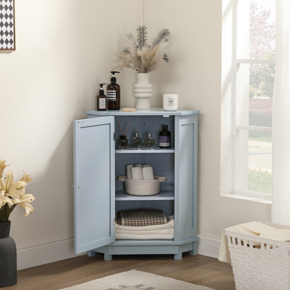 32" Freestanding Triangle Corner Bathroom Storage Cabinet, Blue