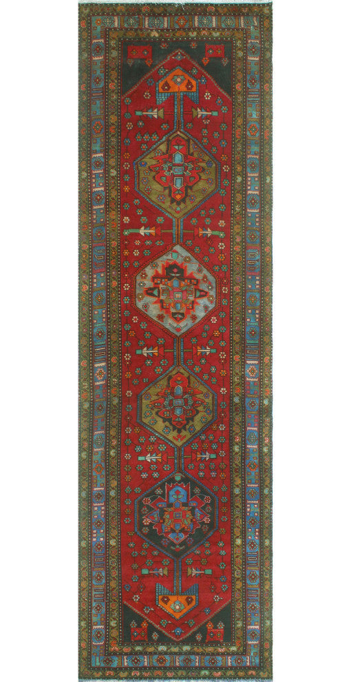 Fine Vintage Distressed Marianne Rust/Blue-Gray Runner, 3'7x13'5