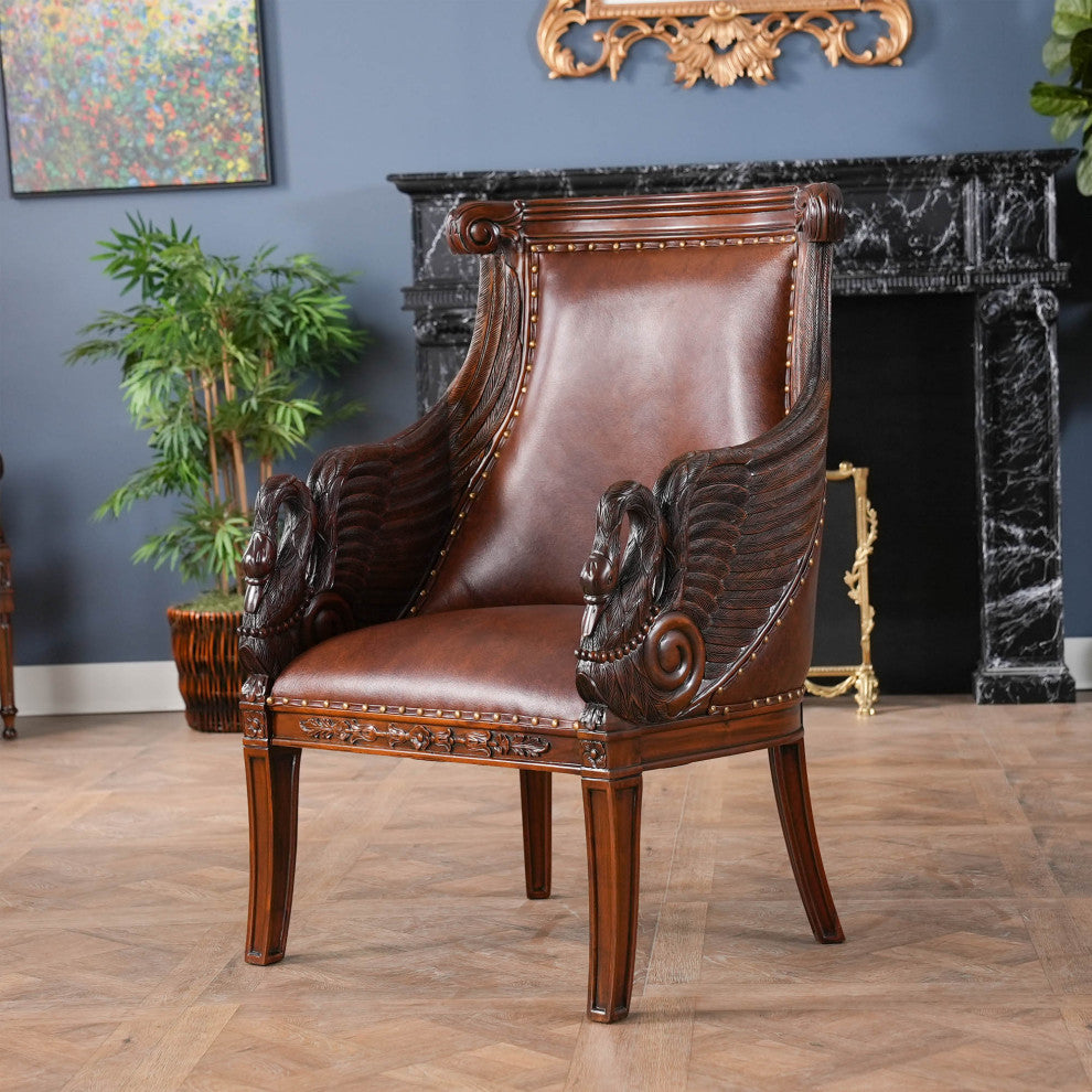 Mahogany Swan Arm Chair With Leather