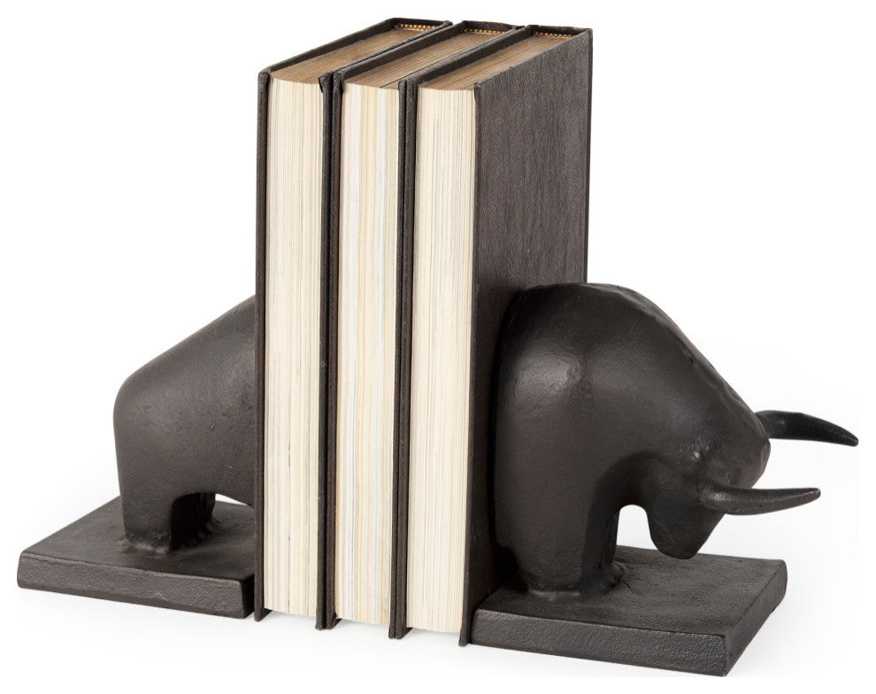 Tauro III, 2-Piece Set, 10Lx5W Black Cast Aluminum Raging Bull Bookends