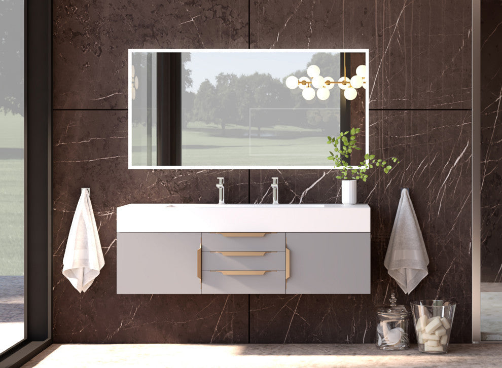CastelloUSA Alpine 60" Wall Mounted Vanity, Base Only, Gray, Gold Handles