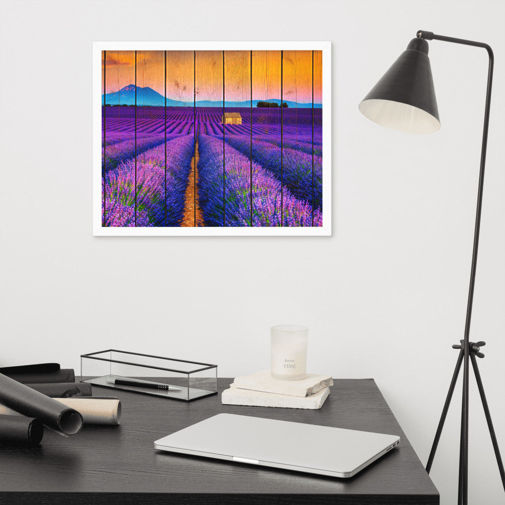 Faux Wood Lavender Fields and Sunset Landscape Framed Photo Paper Wall Art Print, White, 16" X 20"