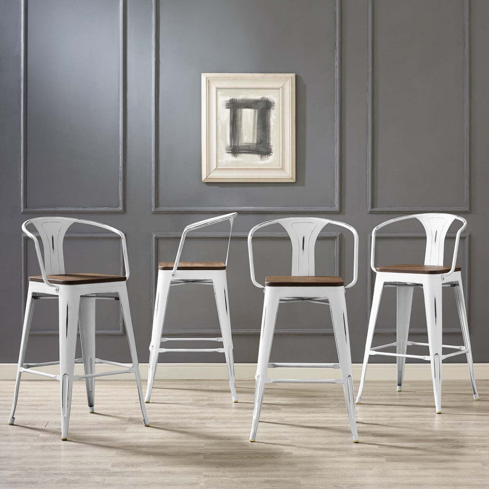 Bar Stool Chair Barstool, Set of 4, Wood, Metal, White, Modern, Bar Pub Bistro