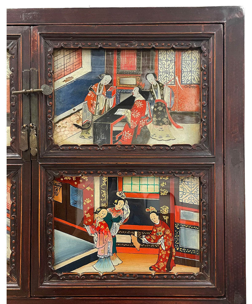Consigned Antique Chinese Carved Fujian ArmoireWith Reverse Painting Glass Doors