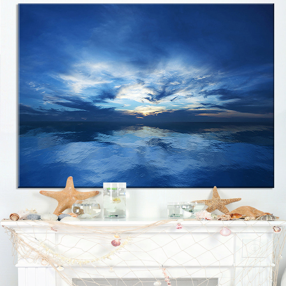 "Blue Waters and Blue Sky Sunset" Modern Seascape Wall Art, 32"x16"