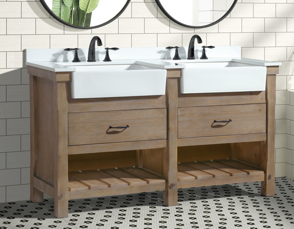 Marina 60" Bathroom Vanity, Weathered Finish, White Engineered Stone