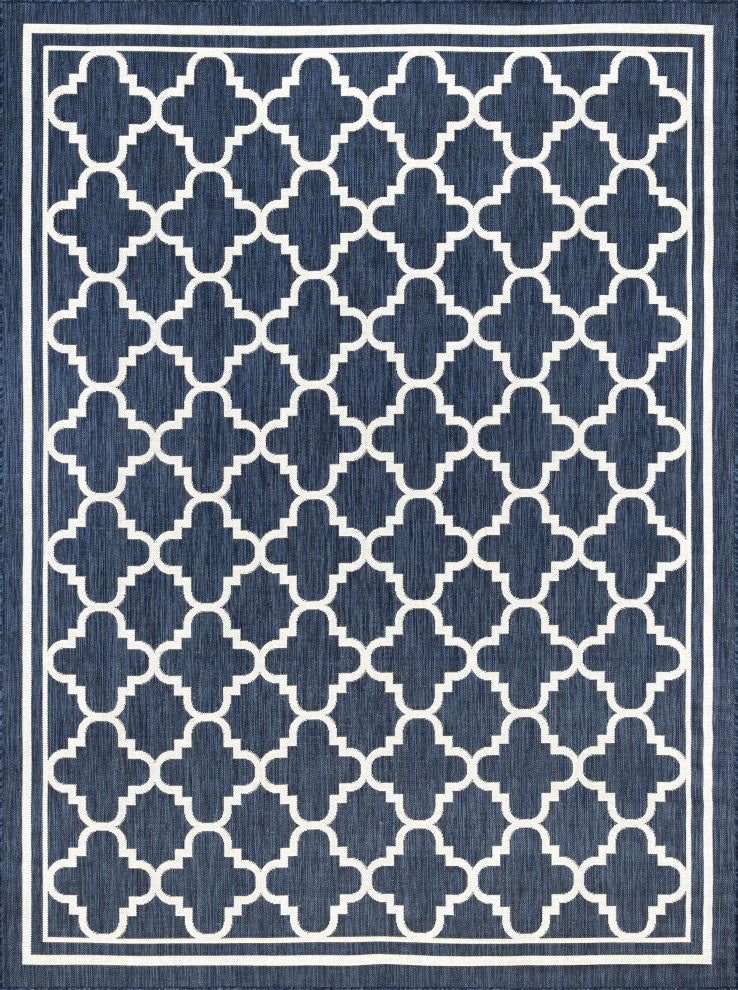 Shaila Transitional Geometric Navy Rectangle Indoor/Outdoor Area Rug, 9'x12'
