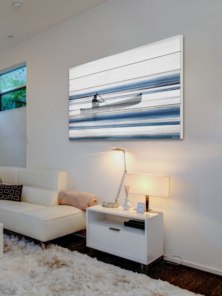 "Blue Lake Canoe" Print on White Wood, 60"x40"