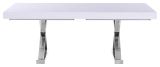 Excel Extendable 2 Leaf Dining Table, Durable Stainless Steel Base, White Lacque