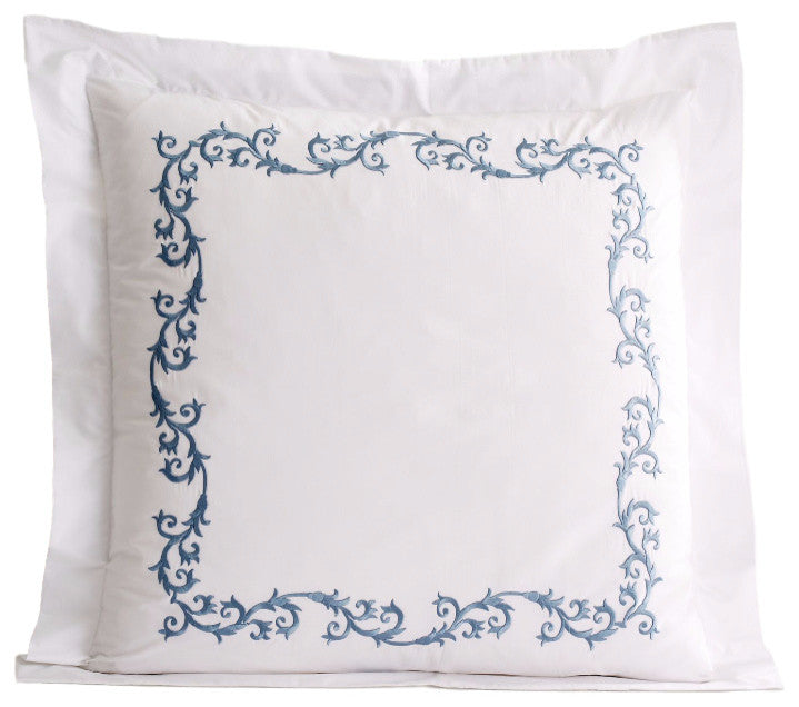 Tuscany Euro Pillow Shams, Set of 2, White With Rockport Blue Embroidery