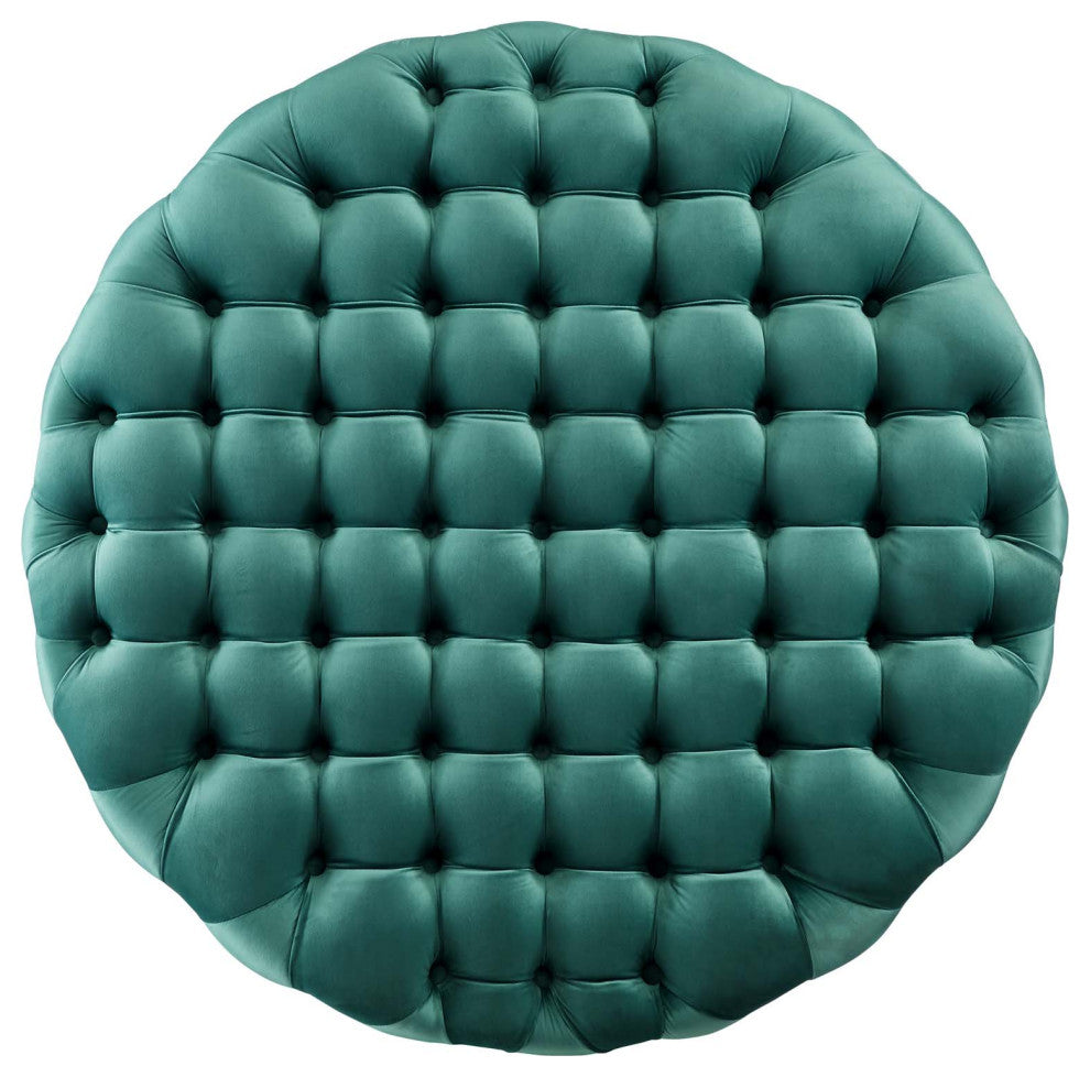 Round Ottoman Accent Tufted Chair, Teal Blue, Velvet, Modern, Cafe Hospitality