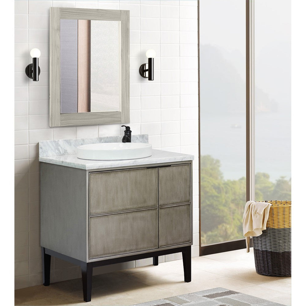 37" Single Vanity, Linen Brown Finish With White Carrara Top And Round Sink