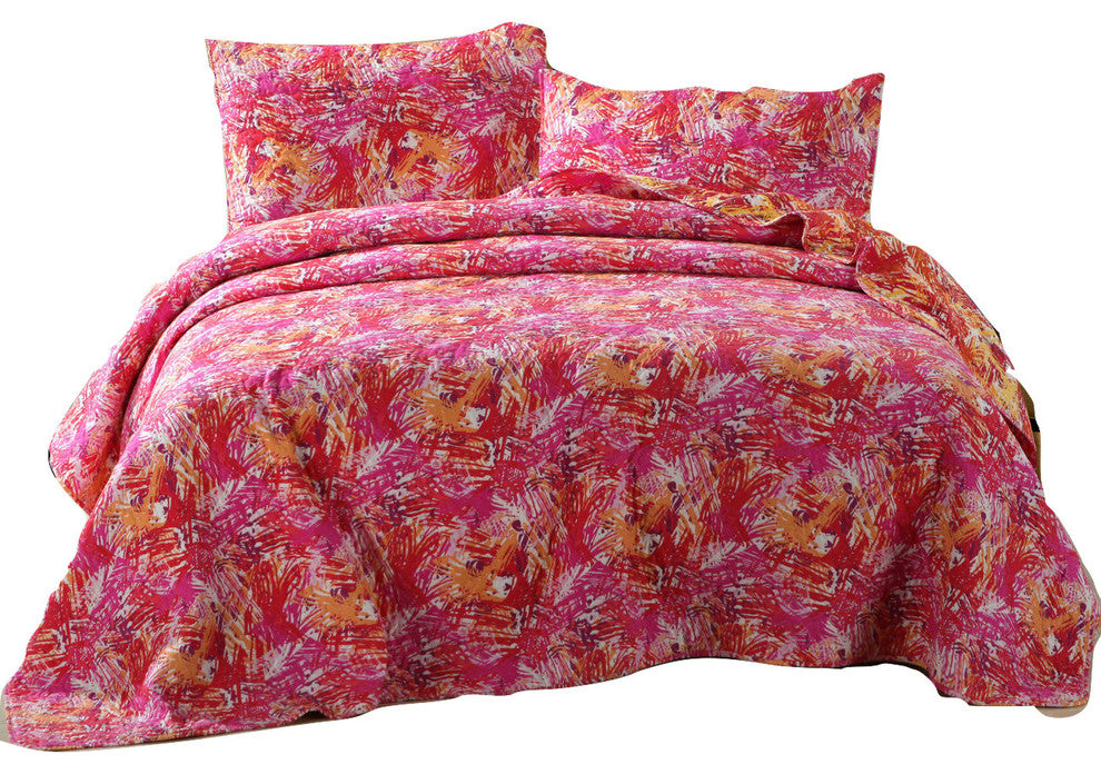 DaDa Bedding Hawaiian Reversible Multi Pink Orange Quilt Coverlet Bedspread Set,