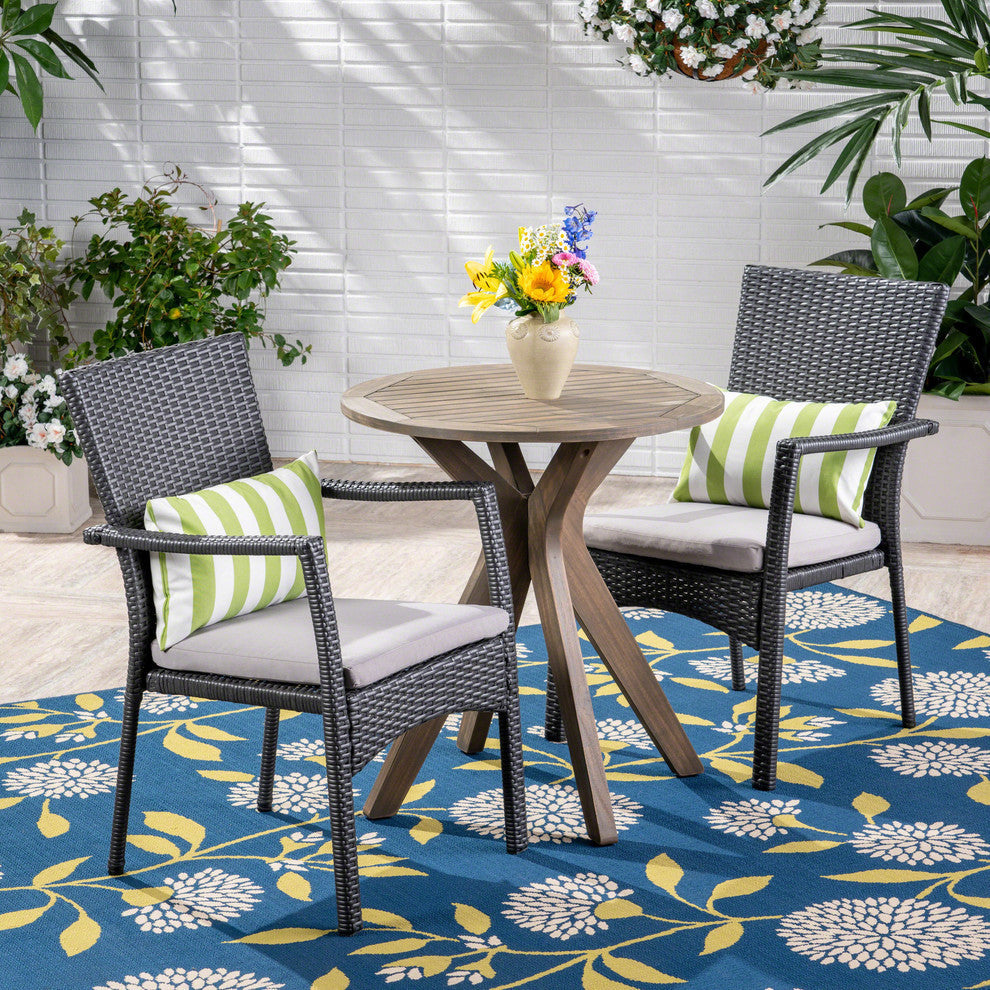GDF Studio 3-Piece Kohler Outdoor Acacia Wood and Wicker Bistro Set, Gray/Gray