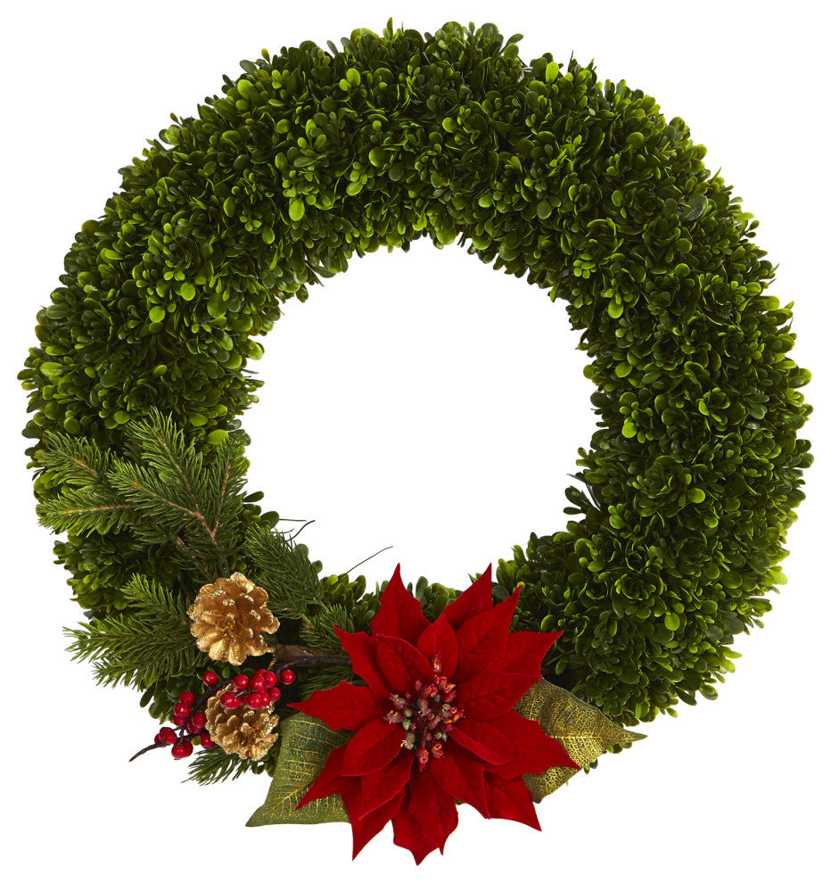 18" Tea Leaf, Poinsettia and Pine Artificial Wreath