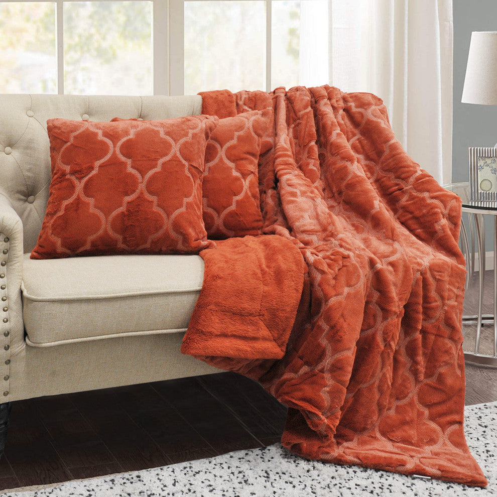 Ogee Tatami Faux Fur Throw Blanket and Pillow Shell Set, Burnt Orange