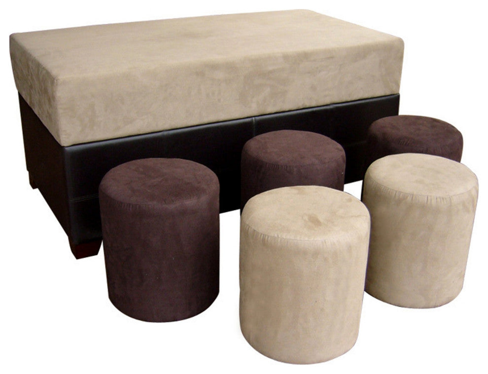 Brown Six Piece Microfiber Storage Bench With Ottomans