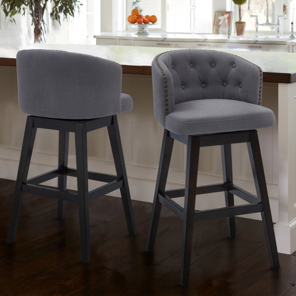 30" Gray Tufted Fabric and Dark Espresso Wood Swivel Bar Stool