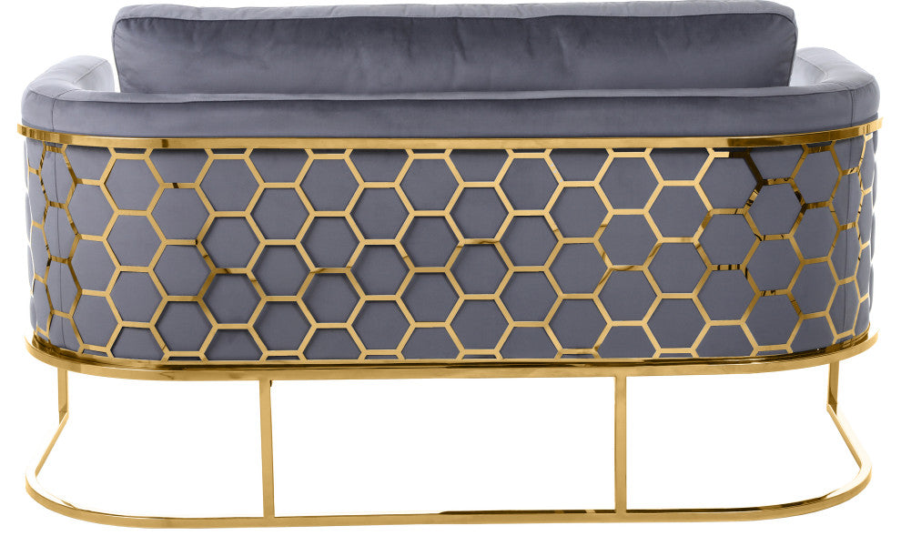 Casa Velvet Upholstered Loveseat, Grey, Gold Finish