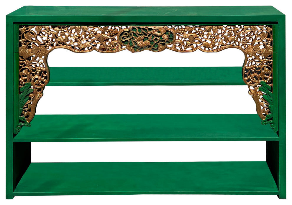Chinese Green Golden Carving Rectangular Curio Display Stand Side Table Hcs7613