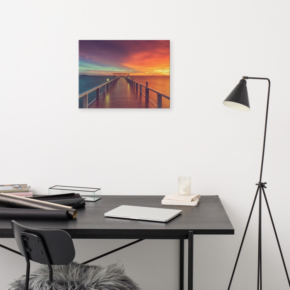 Surreal Wooden Pier At Sunset Intrigued Landscape Photo Canvas Art Print, 18" X 24"